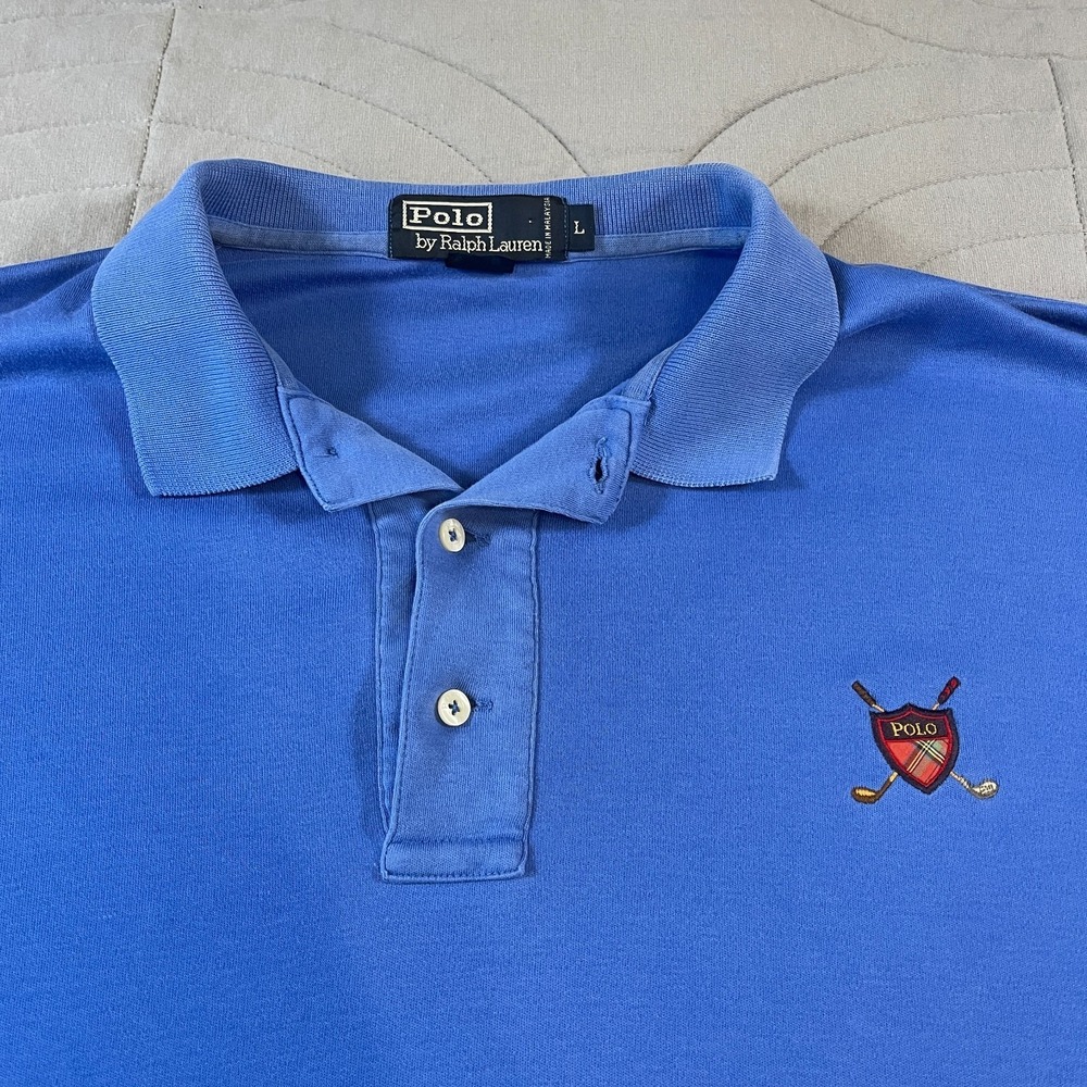 Vintage Polo Ralph Lauren Mens Golf Polo Shirt Shield Logo Size Large Blue Soft - Picture 2 of 10
